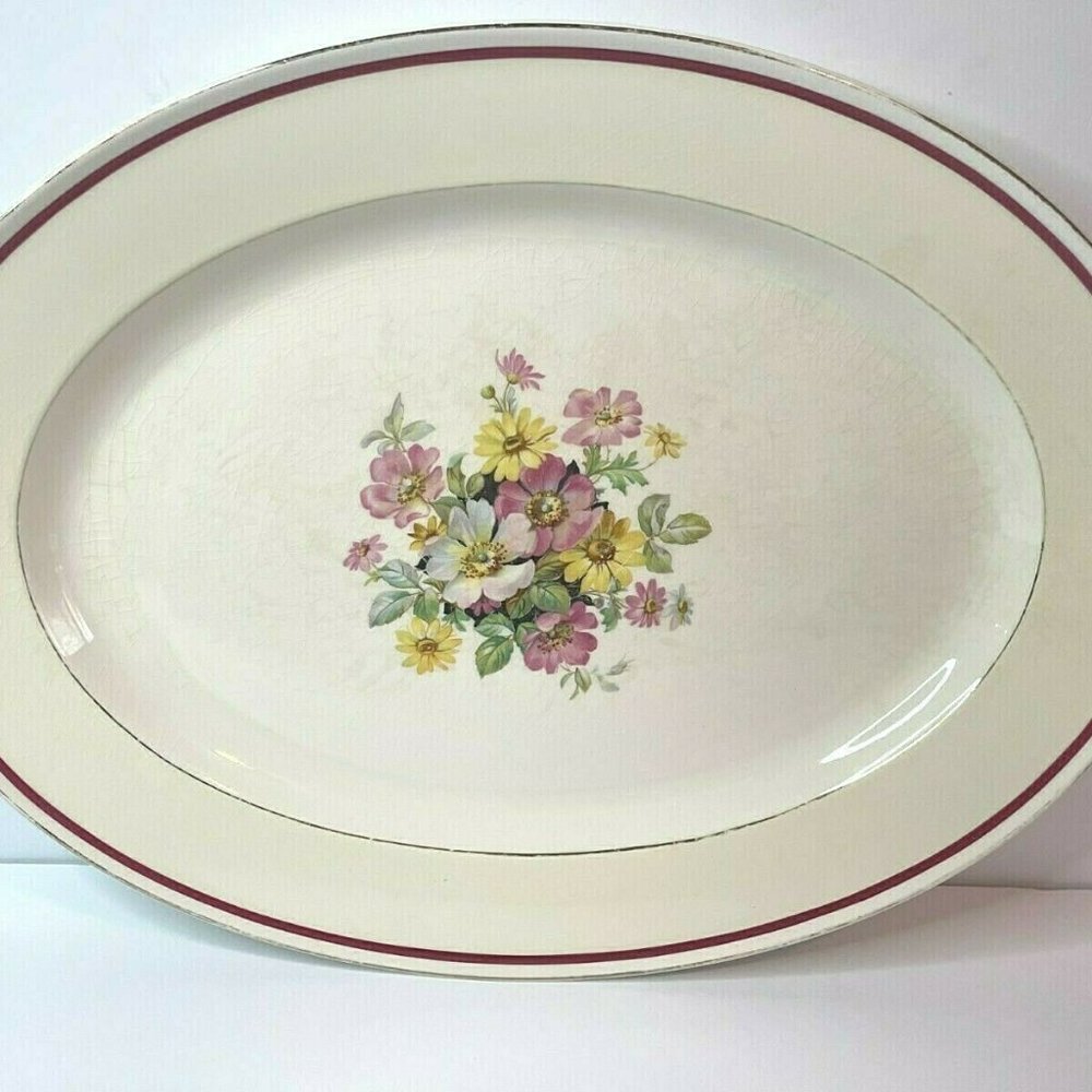 1940's Vintage Floral Edwin M Knowles China Co. 15 1/2" Oval Platter Gold Edge